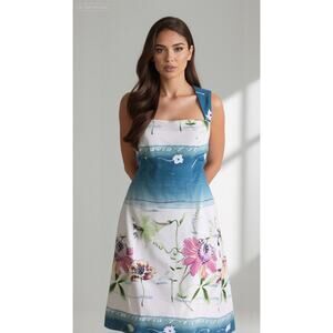 Finley sleeveless knee-length dress floral print, Sz 6 white blue, pink EUC